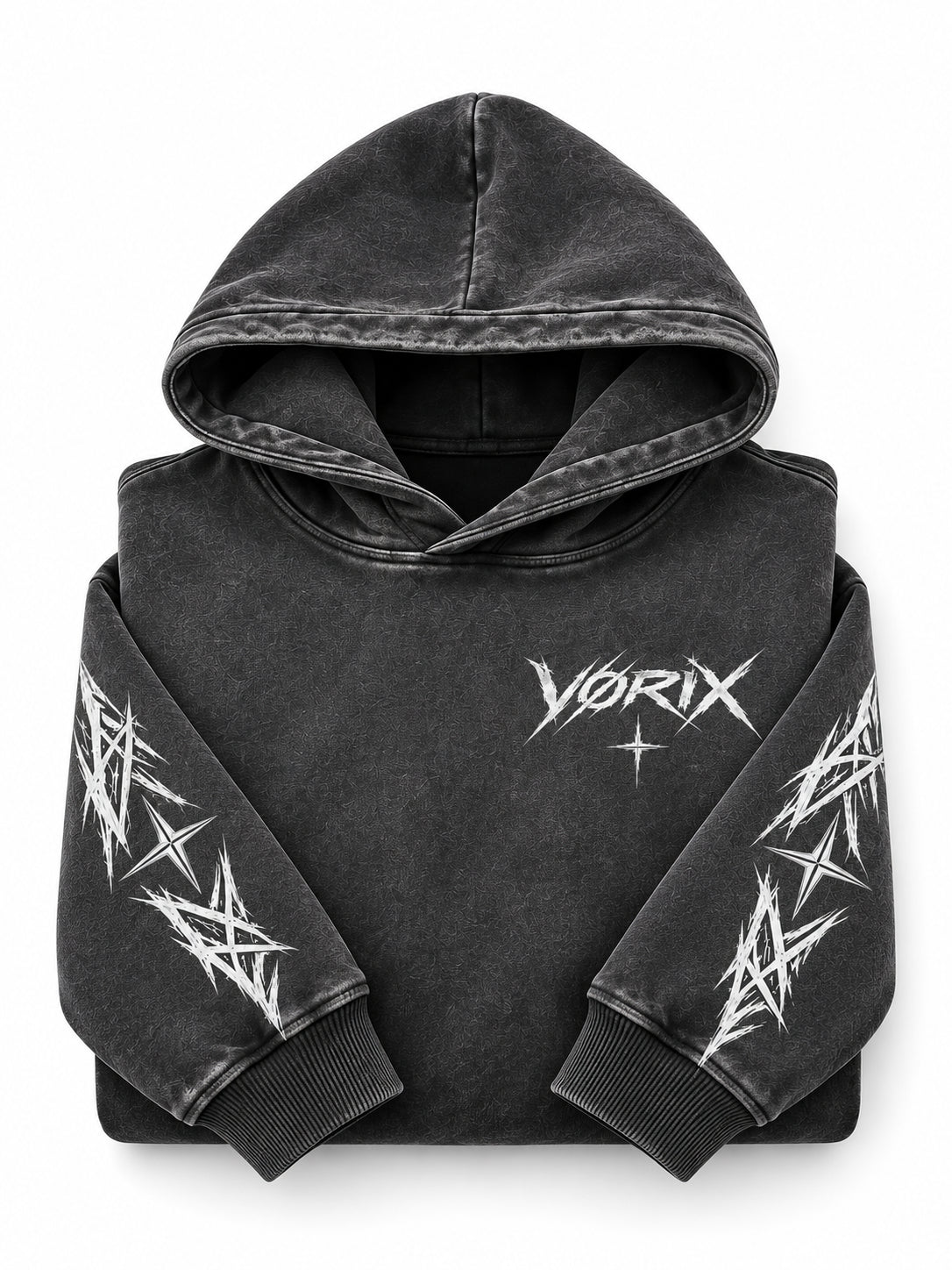 VORIX Built To Disobey / 001 oversized hoodie in Black, folded, showing the chest logo and sleeve prints