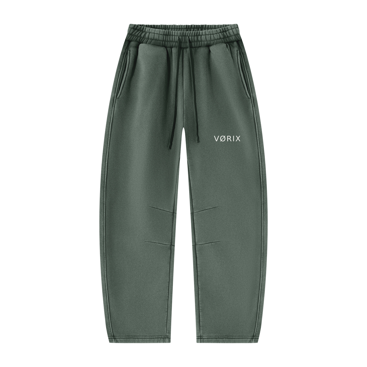 VORIX Division / 002 barrel-leg sweatpants in Washed Green, front view