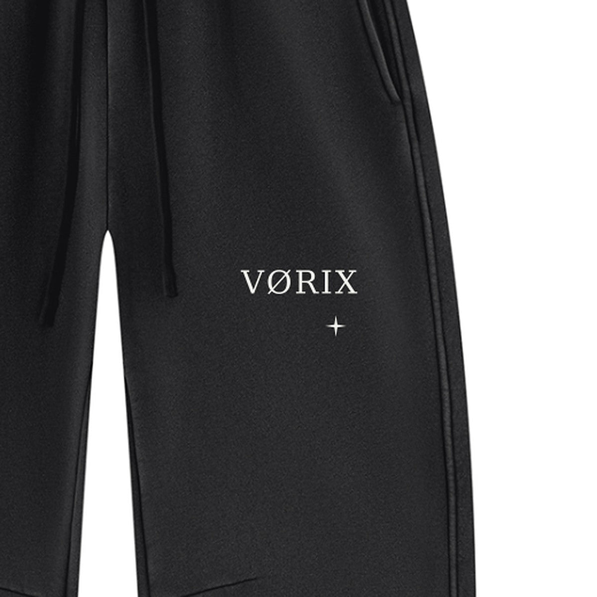 VORIX Essential / 001 barrel-leg sweatpants in Black, front print close-up