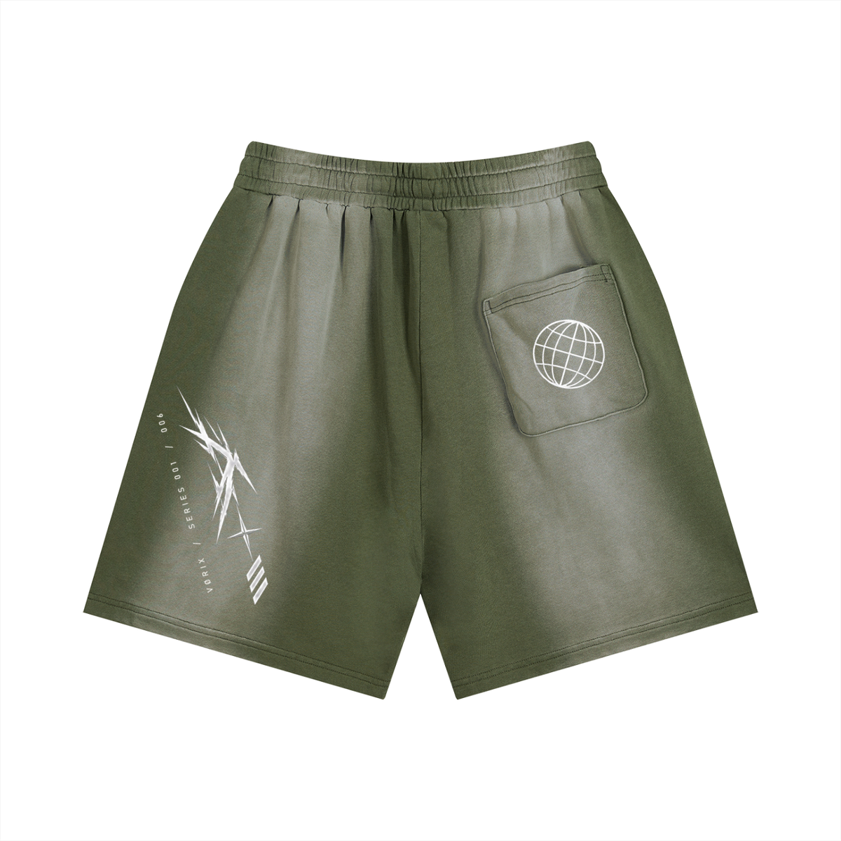 VORIX Chaos / 006 sun-faded shorts in Gray Green, back view