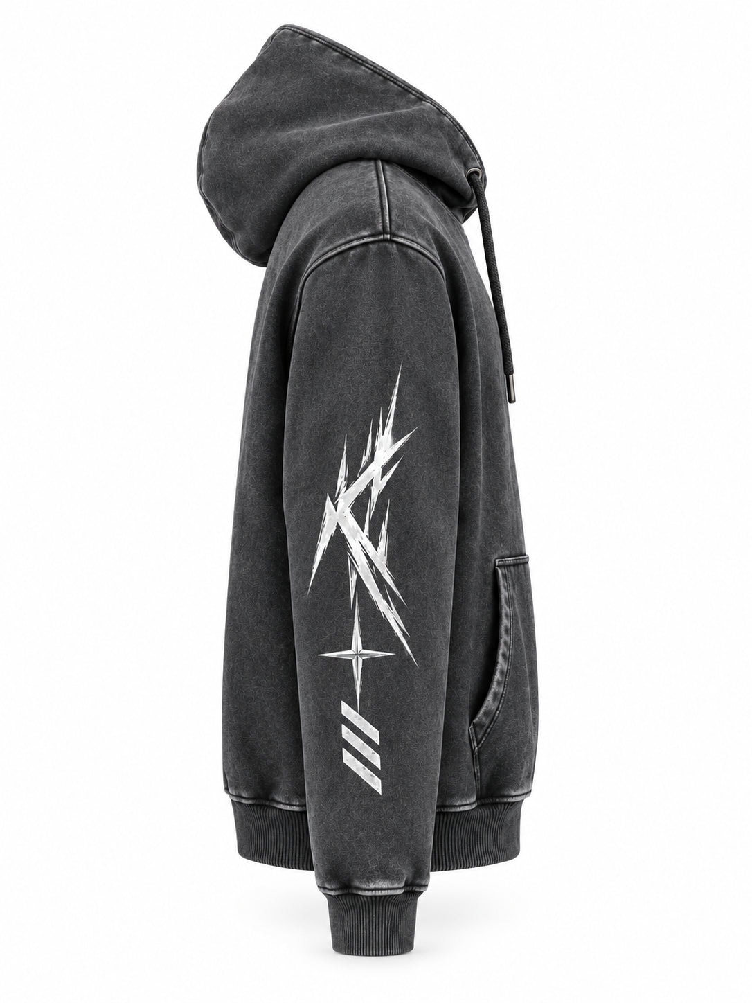 VORIX Engineered For Chaos / 003 oversized hoodie in Black, side view showing the sleeve print