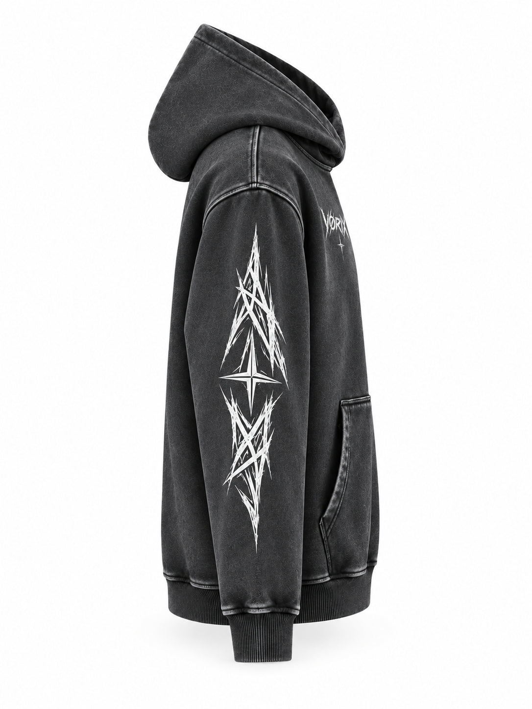 VORIX Built To Disobey / 001 oversized hoodie in Black, side view showing the sleeve print