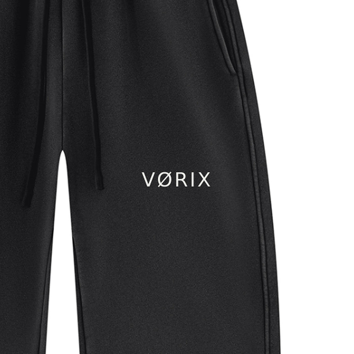 VORIX Division / 002 barrel-leg sweatpants in Black, front print close-up