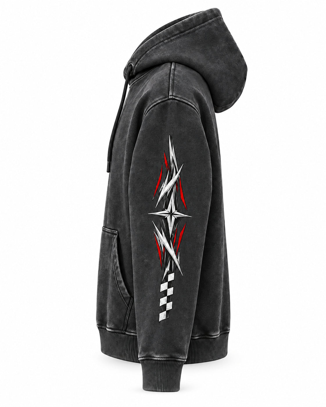 VORIX Chase The Redline / 002 oversized hoodie in Black, side view showing the sleeve print