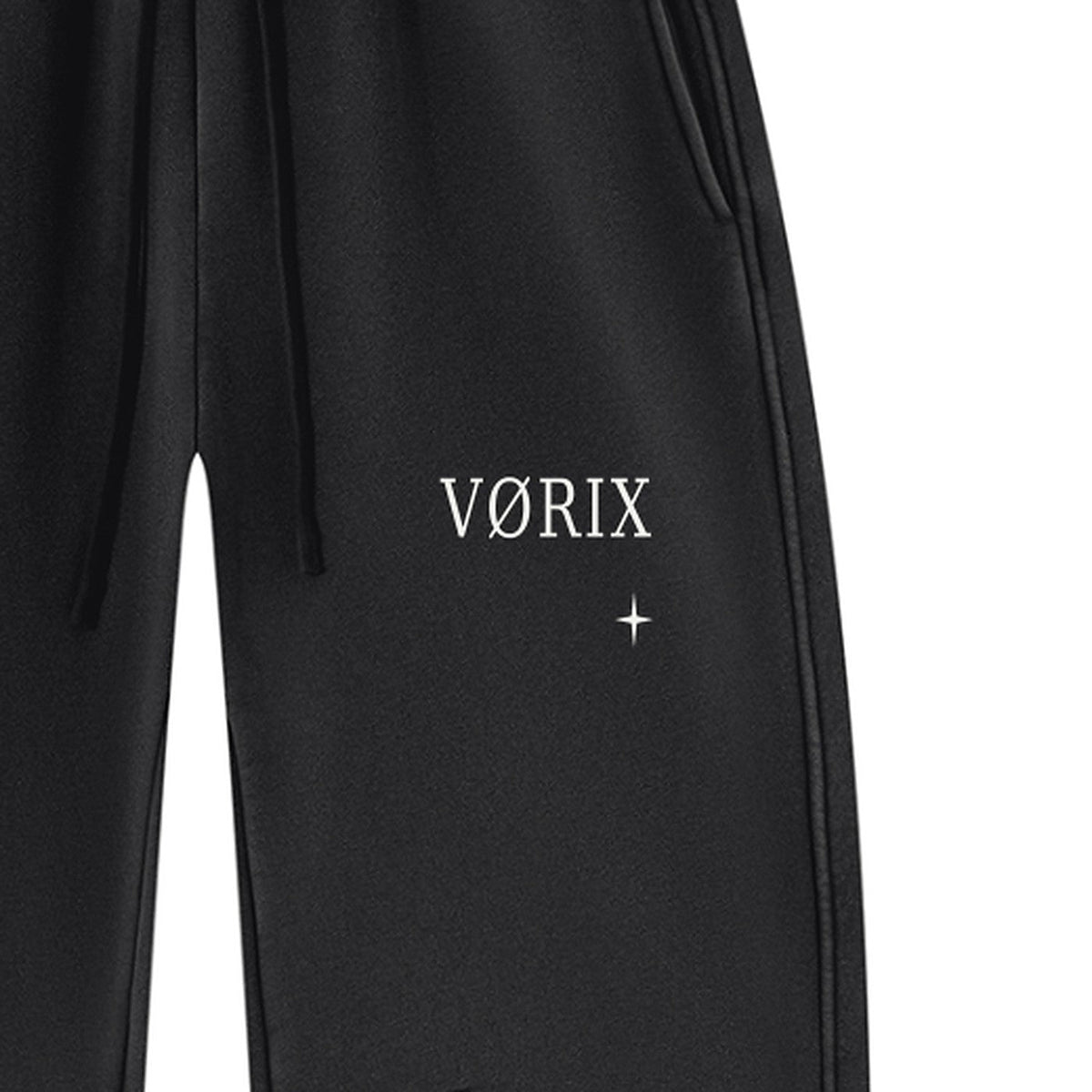 VORIX Noir / 003 barrel-leg sweatpants in Black, front print close-up