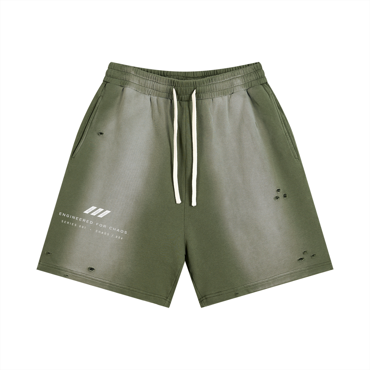VORIX Chaos / 006 sun-faded shorts in Gray Green, front view