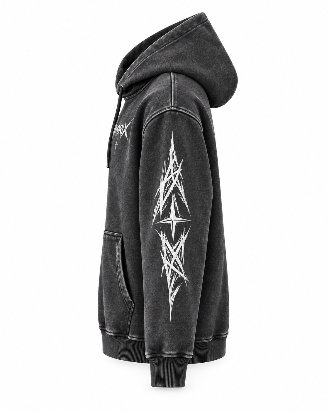 VORIX Built To Disobey / 001 oversized hoodie in Black, side view showing the other sleeve print