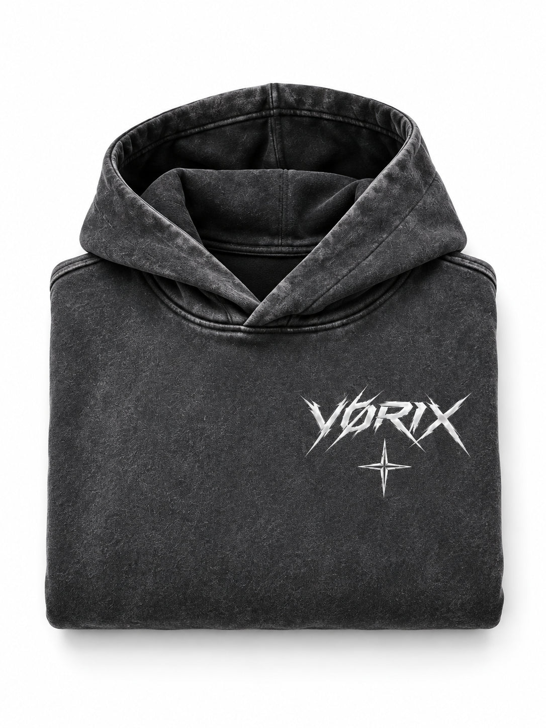 VORIX Engineered For Chaos / 003 oversized hoodie in Black, folded, showing the chest logo and sleeve prints