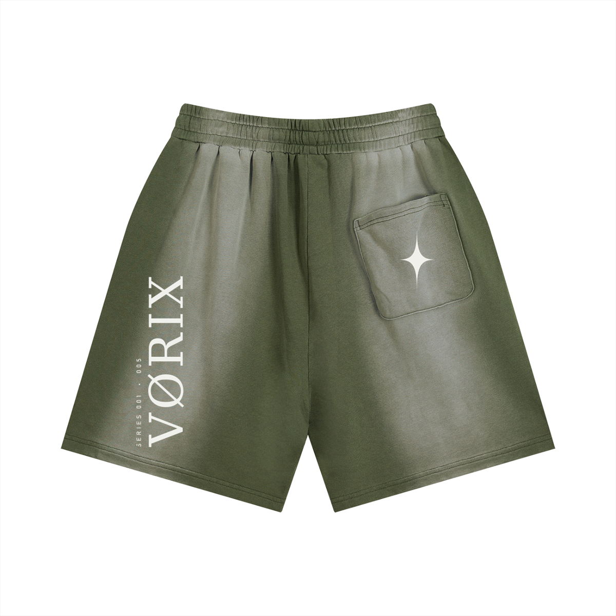 VORIX No Limits / 005 sun-faded shorts in Gray Green, back view