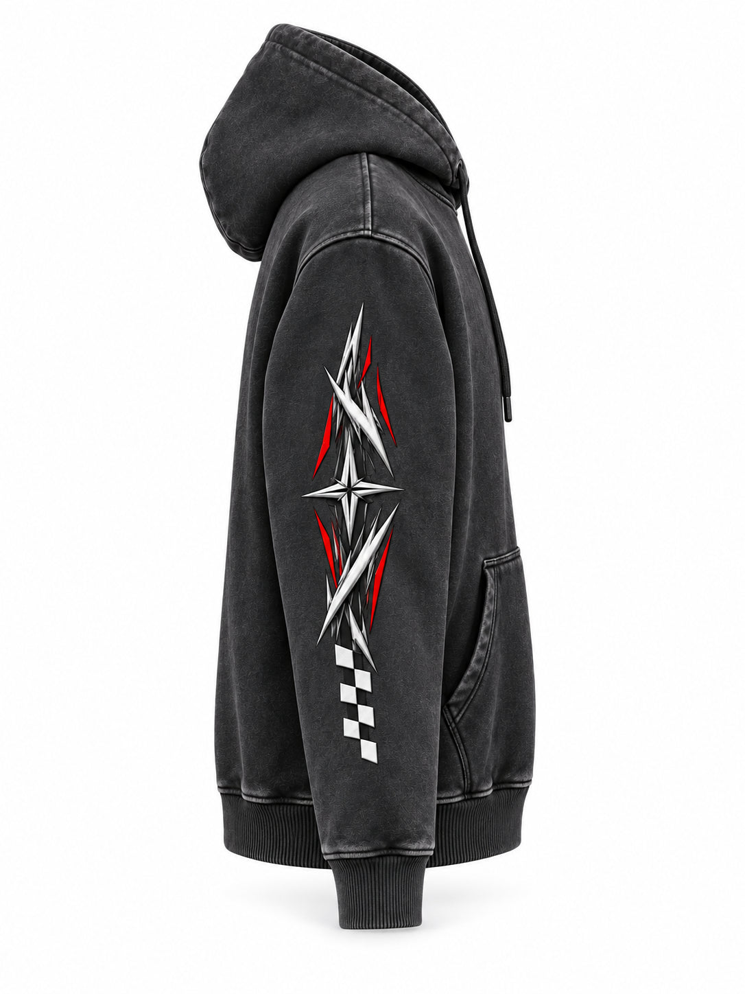 VORIX Chase The Redline / 002 oversized hoodie in Black, side view showing the other sleeve print
