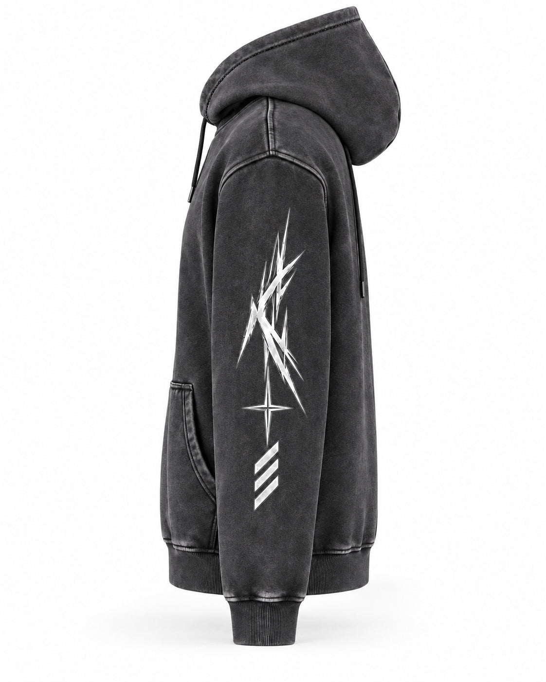 VORIX Engineered For Chaos / 003 oversized hoodie in Black, side view showing the other sleeve print