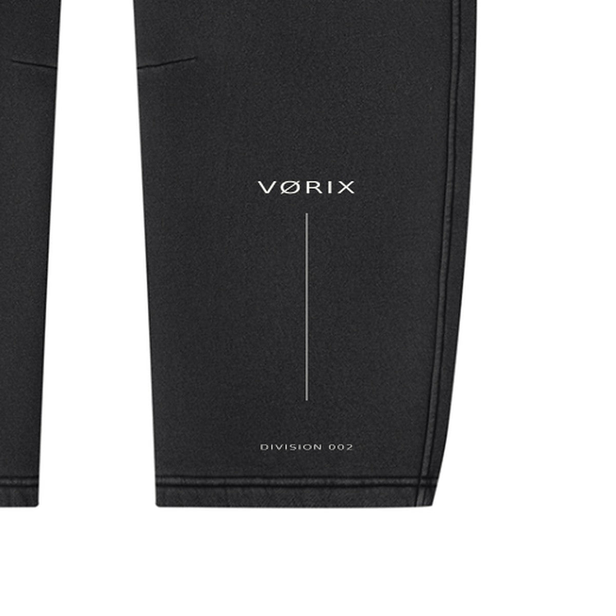 VORIX Division / 002 barrel-leg sweatpants in Black, back leg print close-up
