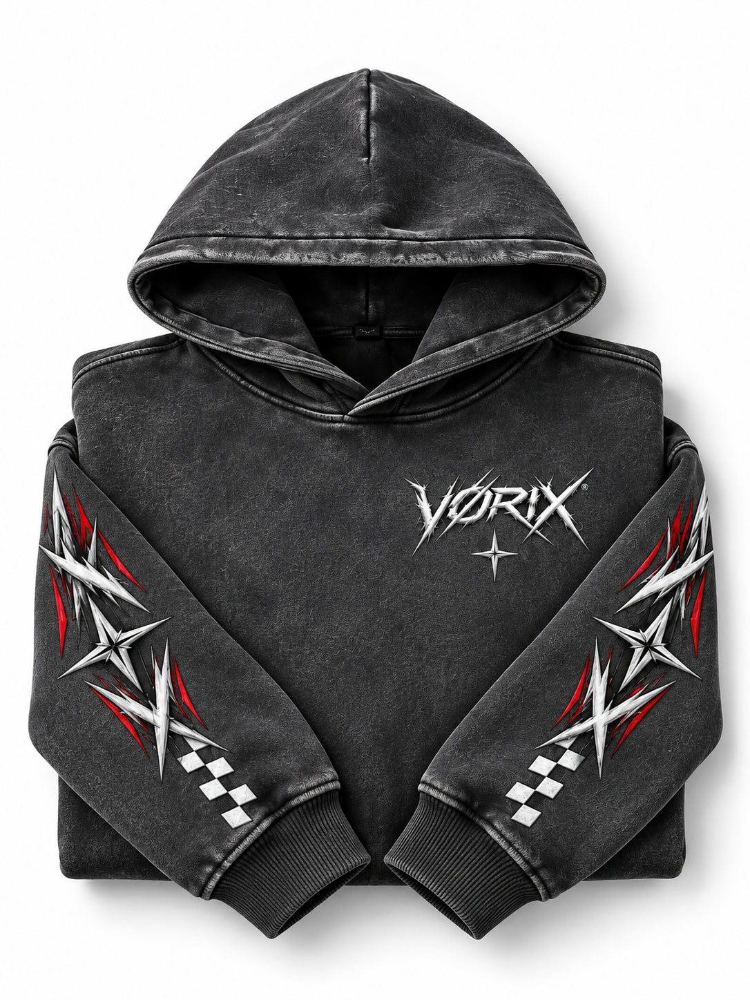 VORIX Chase The Redline / 002 oversized hoodie in Black, folded, showing the chest logo and sleeve prints