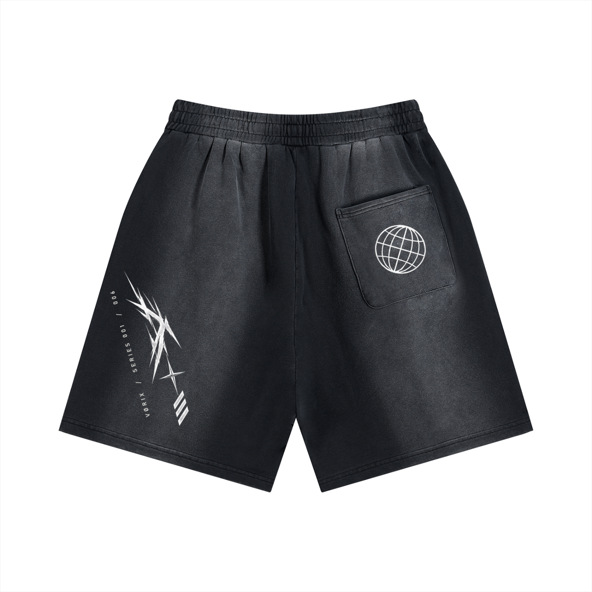 VORIX Chaos / 006 sun-faded shorts in Black, back view